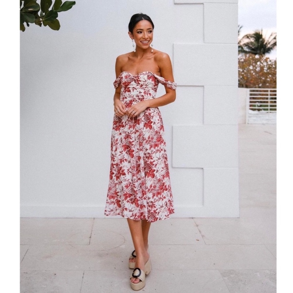 Reformation Violet Off the Shoulder Dress cream color with red floral design